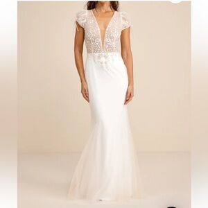 Lulus Ballina White Mesh Beaded Backless Mermaid Maxi Dress Lace Evening Gown XS